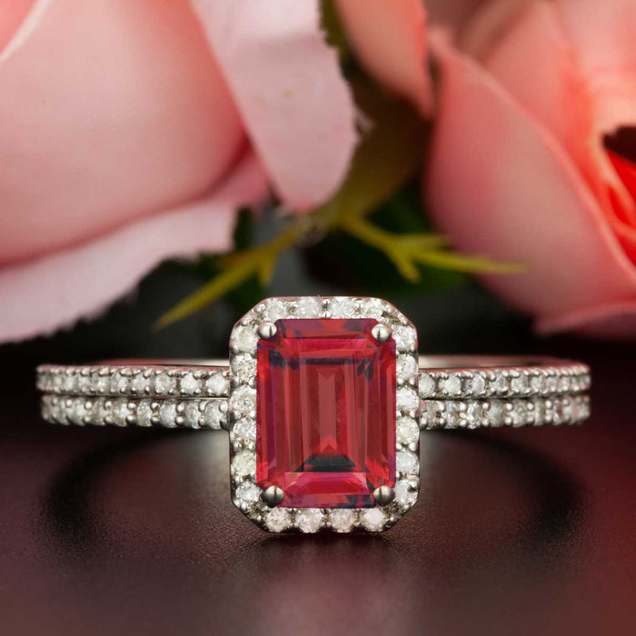 Exquisite 1.5 Carat Emerald Cut Ruby and Diamond Wedding Ring Set in 9k White Gold