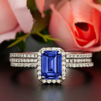 Exquisite 2 Carat Emerald Cut Sapphire and Diamond Trio Wedding Ring Set in White Gold