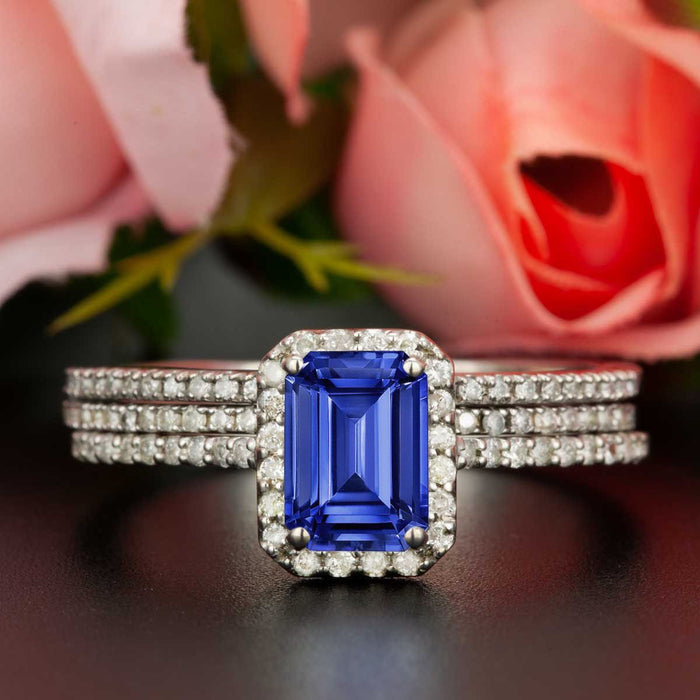 Exquisite 2 Carat Emerald Cut Sapphire and Diamond Trio Wedding Ring Set in White Gold