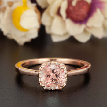 Customized 1.25 Carat Cushion Cut Peach Morganite and Diamond Engagement Ring in Rose Gold Designer Ring
