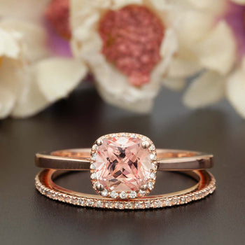 1.5 Carat Cushion Cut Peach Morganite and Diamond Ring with Matching Wedding Band in 9k Rose Gold Celebrity Ring