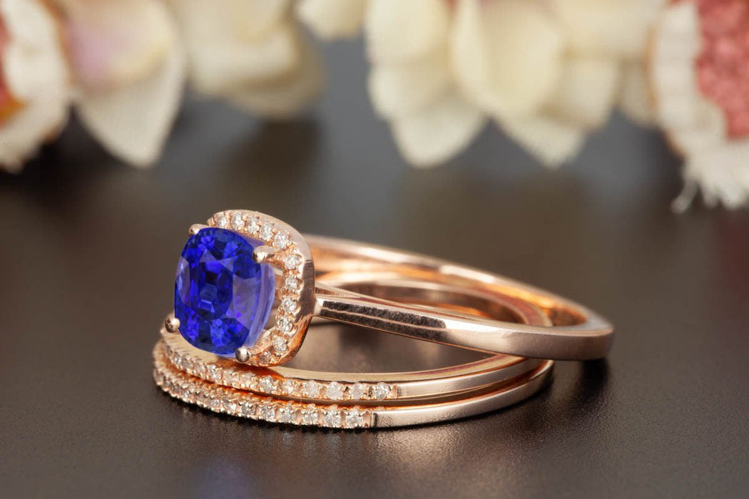 Splendid 2 Carat Cushion Cut Sapphire and Diamond Trio Wedding Ring Set in Rose Gold
