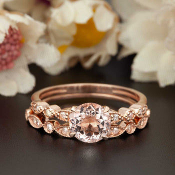 1.50 Carat Round Cut Peach Morganite and Diamond Wedding Ring Set in Rose Gold Classic Ring
