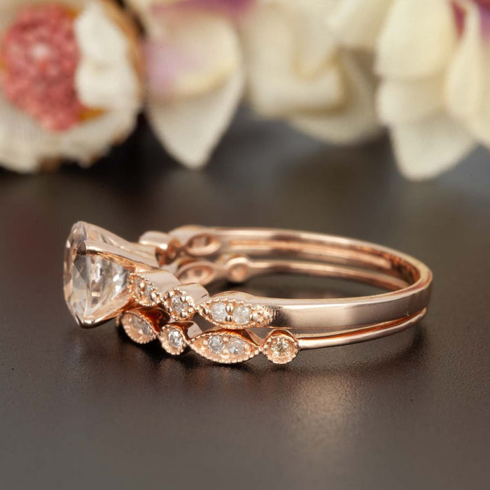 1.50 Carat Round Cut Peach Morganite and Diamond Wedding Ring Set in Rose Gold Classic Ring