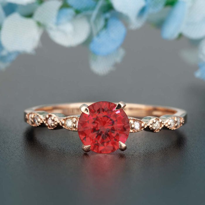 Stunning 1.25 Carat Round Cut Ruby and Diamond Engagement Ring in 9k Rose Gold