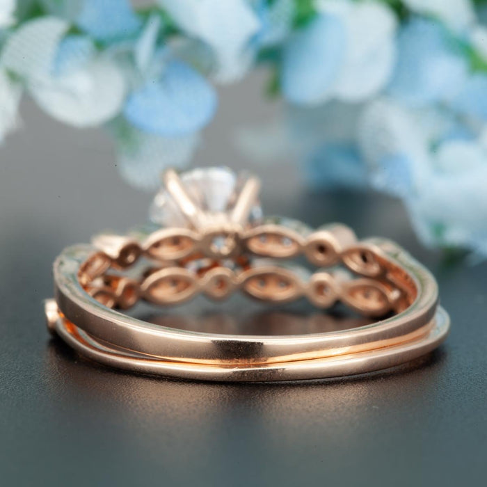 Stunning 1.50 Carat Round Cut Sapphire and Diamond Bridal Ring Set in Rose Gold
