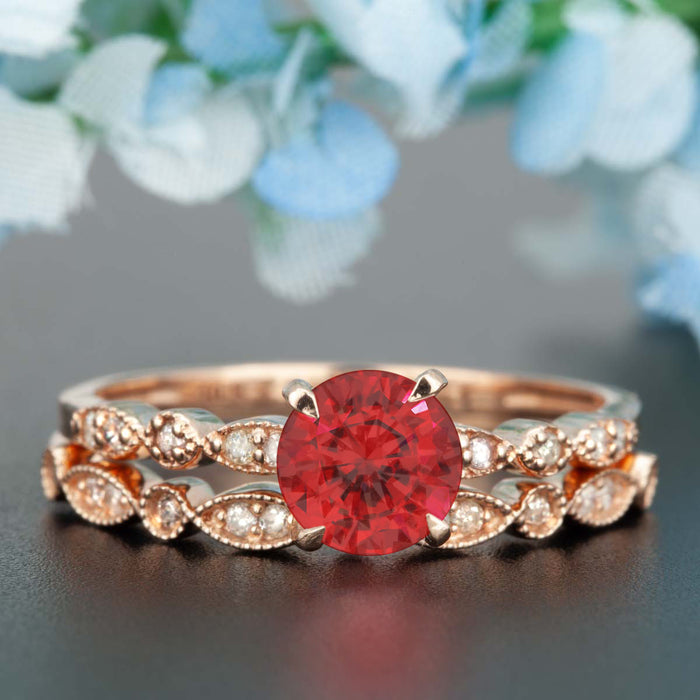 Stunning 1.5 Carat Round Cut Ruby and Diamond Bridal Ring Set in 9k Rose Gold