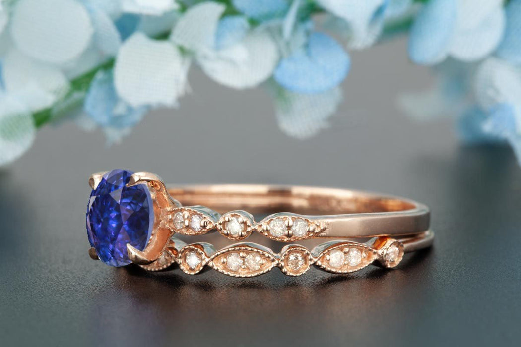 Stunning 1.50 Carat Round Cut Sapphire and Diamond Bridal Ring Set in Rose Gold