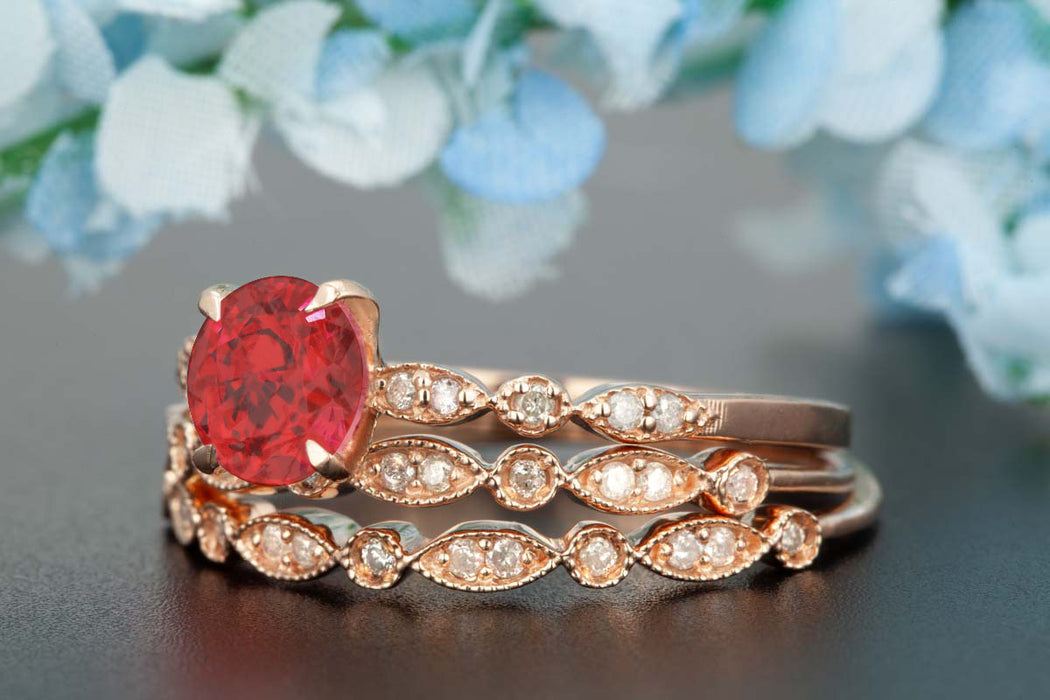 Stunning 2 Carat Round Cut Ruby and Diamond Trio Bridal Ring Set in 9k Rose Gold