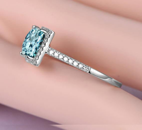 Unique 1.50 Carat Princess Cut Aquamarine and Diamond Halo Engagement Ring for Her in White Gold