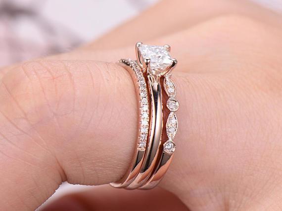 2 Carat Princess Cut Moissanite and Diamond Trio Wedding Ring Set in Rose Gold