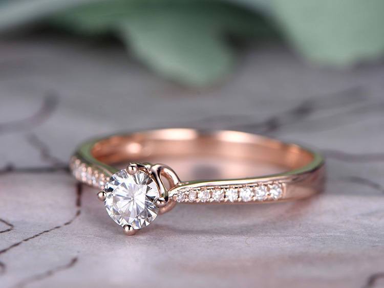 1.25 Carat Round Cut Moissanite and Diamond Engagement Ring in Rose Gold