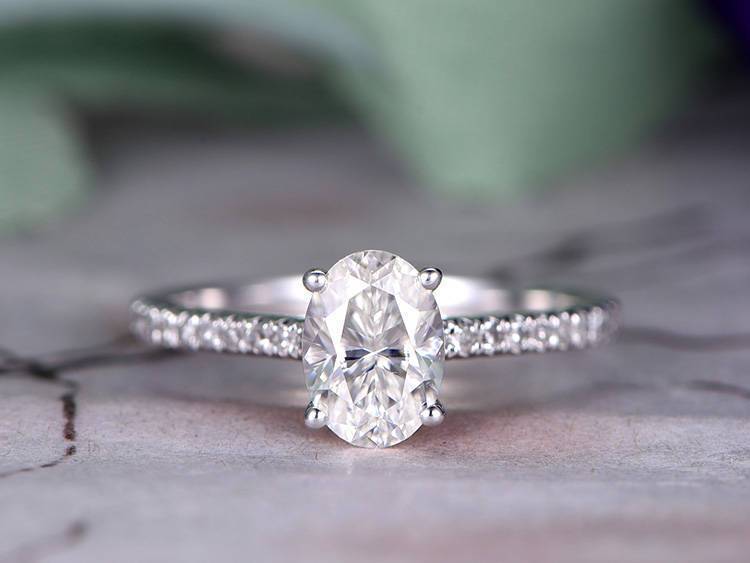 1.25 Carat Oval Cut Moissanite and Diamond Engagement Ring in 9k White Gold