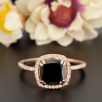 1.25 Carat Cushion Cut Halo Black Diamond and Diamond Engagement Ring in Rose Gold