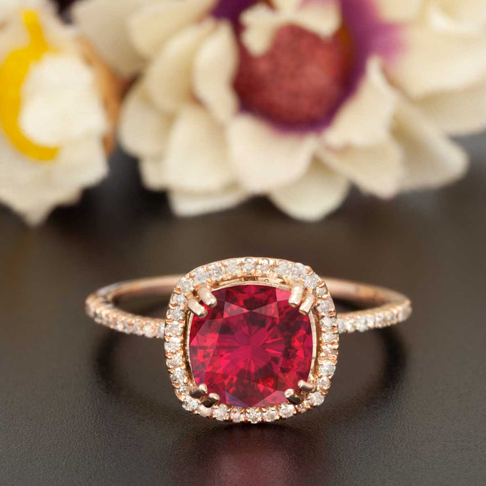 1.25 Carat Cushion Cut Halo Ruby and Diamond Engagement Ring in 9k Rose Gold