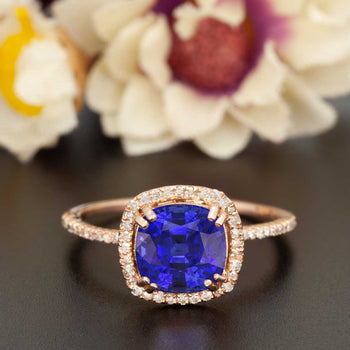 1.25 Carat Cushion Cut Halo Sapphire and Diamond Engagement Ring in Rose Gold