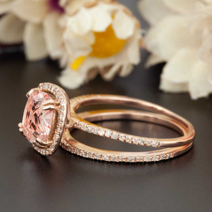 1.50 Carat Cushion Cut Peach Morganite and Diamond Bridal Ring Set in Rose Gold Flawless Ring