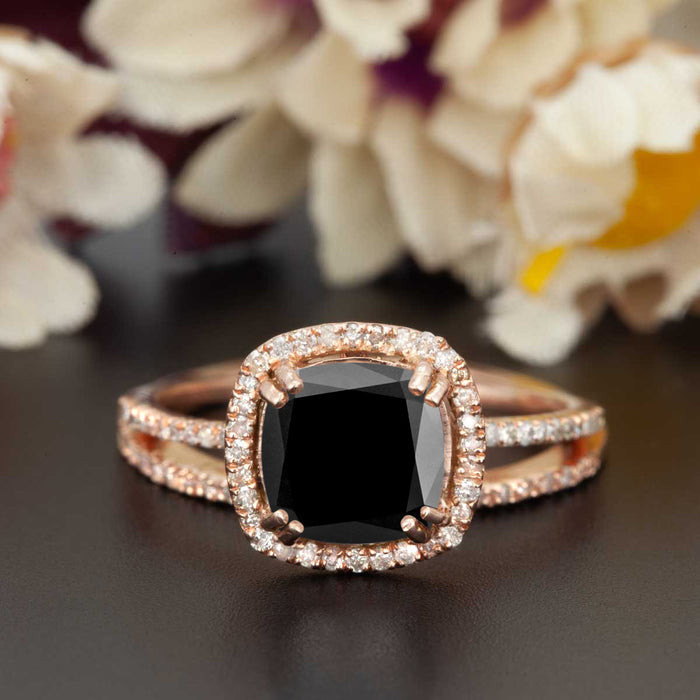 1.5 Carat Cushion Cut Halo Black Diamond and Diamond Wedding Ring Set in 9k Rose Gold