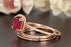 2 Carat Cushion Cut Halo Ruby and Diamond Trio Wedding Ring Set in 9k Rose Gold