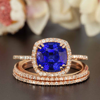 2 Carat Cushion Cut Halo Sapphire and Diamond Trio Wedding Ring Set in Rose Gold