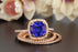 2 Carat Cushion Cut Halo Sapphire and Diamond Trio Wedding Ring Set in Rose Gold
