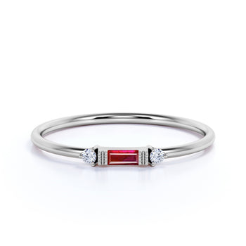 Simple Ruby and Diamond Trio Stacking Wedding  Ring in White Gold