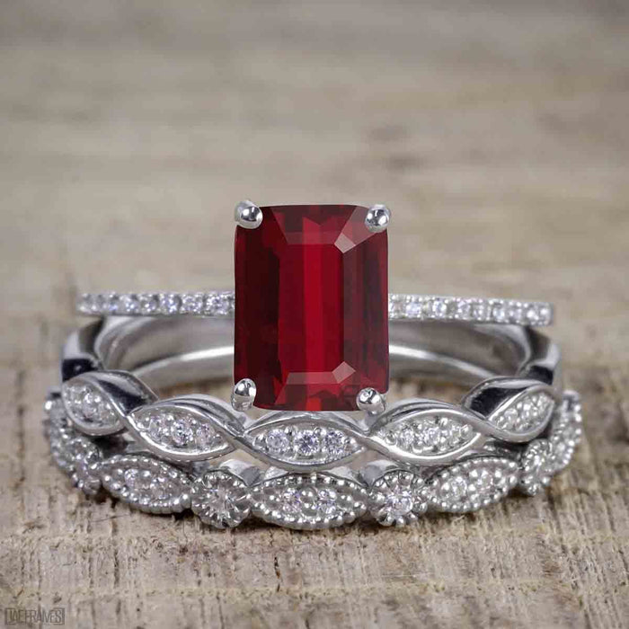 Bestselling 1.50 Carat Ruby cut Ruby and Diamond Trio Wedding Ring Set in White Gold