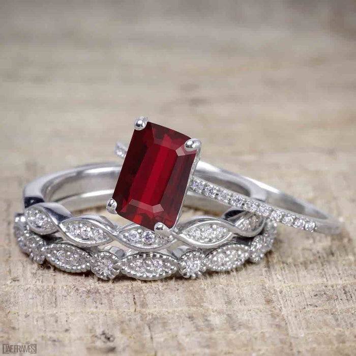 Bestselling 1.50 Carat Ruby cut Ruby and Diamond Trio Wedding Ring Set in White Gold