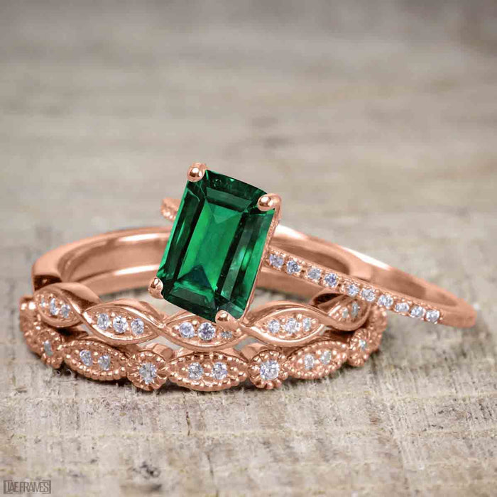 Bestselling 1.50 Carat emerald cut Emerald and Diamond Trio Wedding Ring Set in Rose Gold