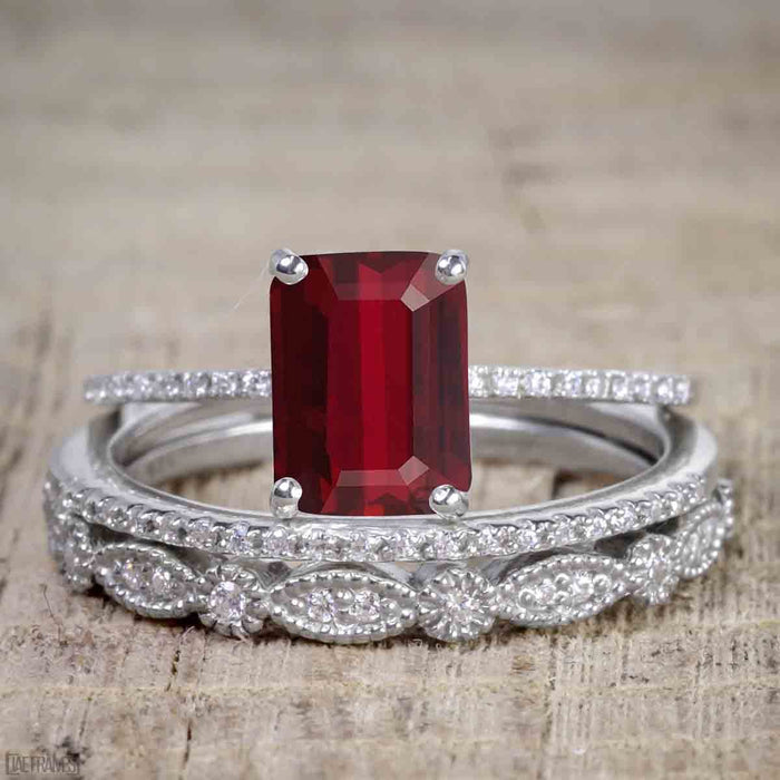 Artdeco 1.50 Carat Ruby cut Ruby and Diamond Trio Wedding Bridal Ring Set White Gold