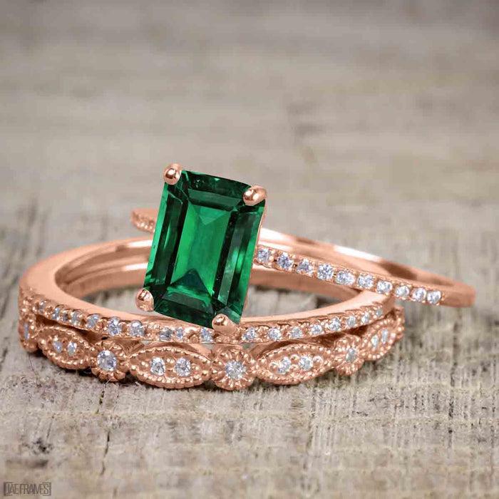 Artdeco 1.50 Carat emerald cut Emerald and Diamond Trio Wedding Bridal Ring Set Rose Gold