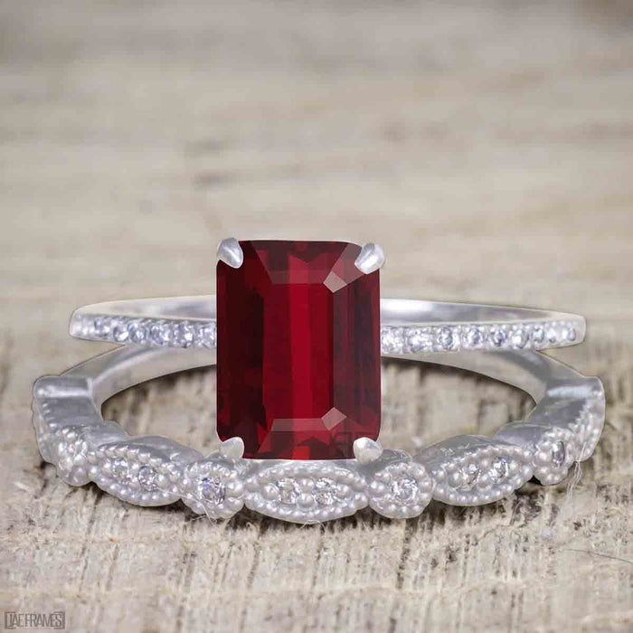 Antique Artdeco 1.25 Ruby cut Ruby and Diamond Wedding Bridal Set in White Gold