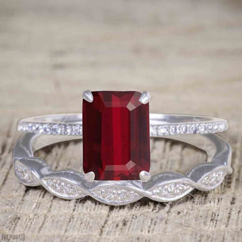 Vintage Design 1.5 Carat Ruby Cut Ruby and Diamond Wedding Set for Women in White Gold