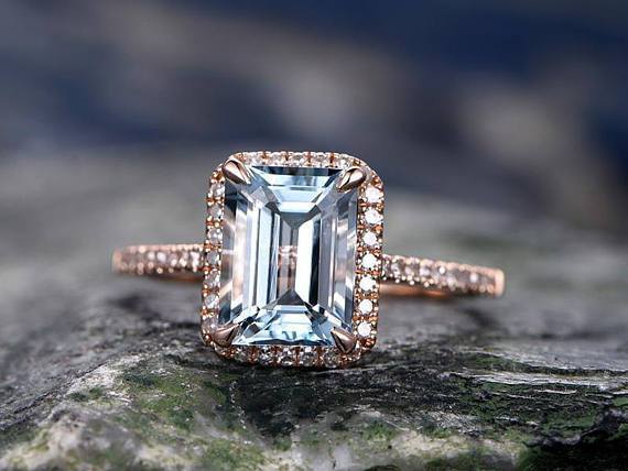 Perfect 1.50 Carat Emerald Cut Aquamarine and Diamond Halo Engagement Ring in Rose Gold