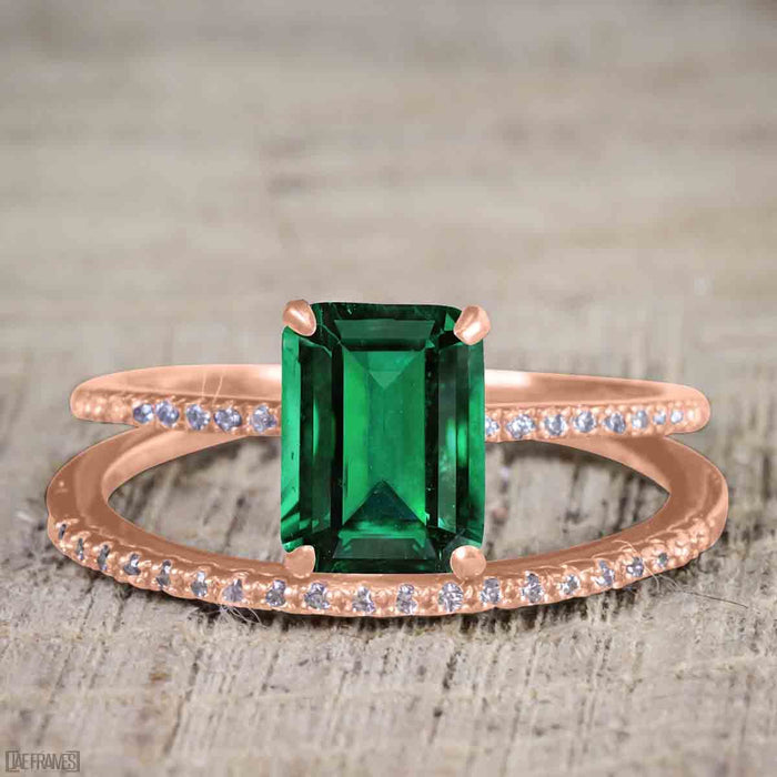 Unique 1.25 Carat emerald cut Emerald and Diamond Bridal Set with semi eternity band in Rose Gold