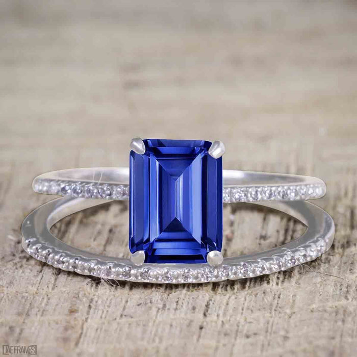 Unique 1.25 Carat Emerald Cut Sapphire and Diamond Bridal Ring Set in White Gold
