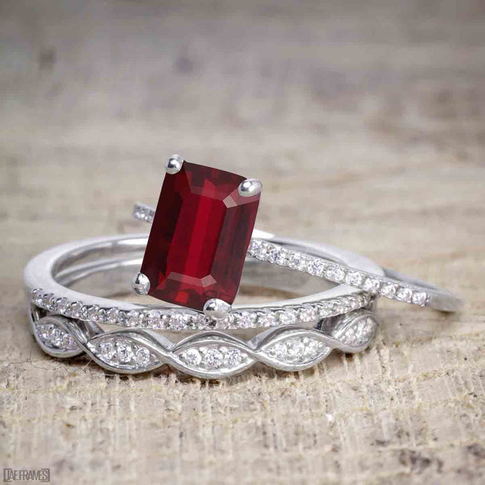 1.50 Carat Ruby cut Ruby and Diamond Solitaire Trio Wedding Bridal Ring Set in White Gold