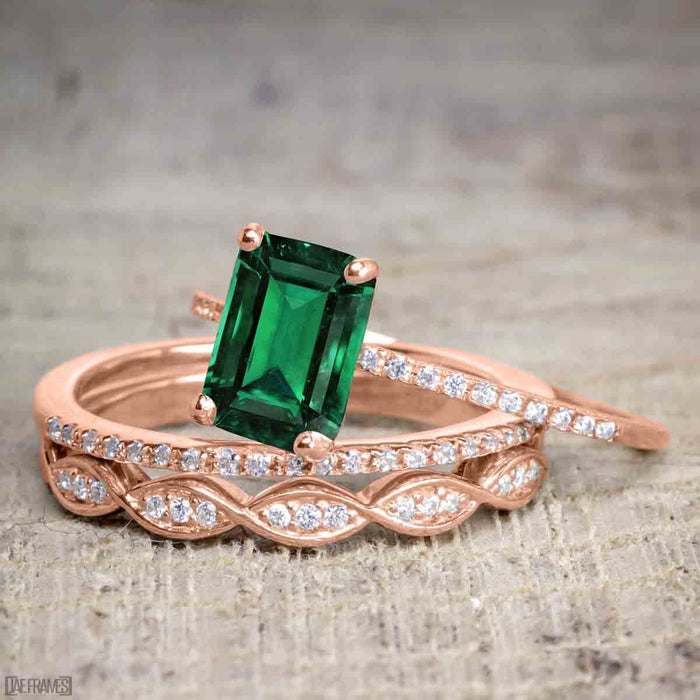 1.50 Carat emerald cut Emerald and Diamond Solitaire Trio Wedding Bridal Ring Set in Rose Gold
