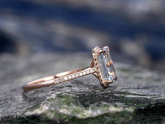 Perfect 1.50 Carat Emerald Cut Aquamarine and Diamond Halo Engagement Ring in Rose Gold