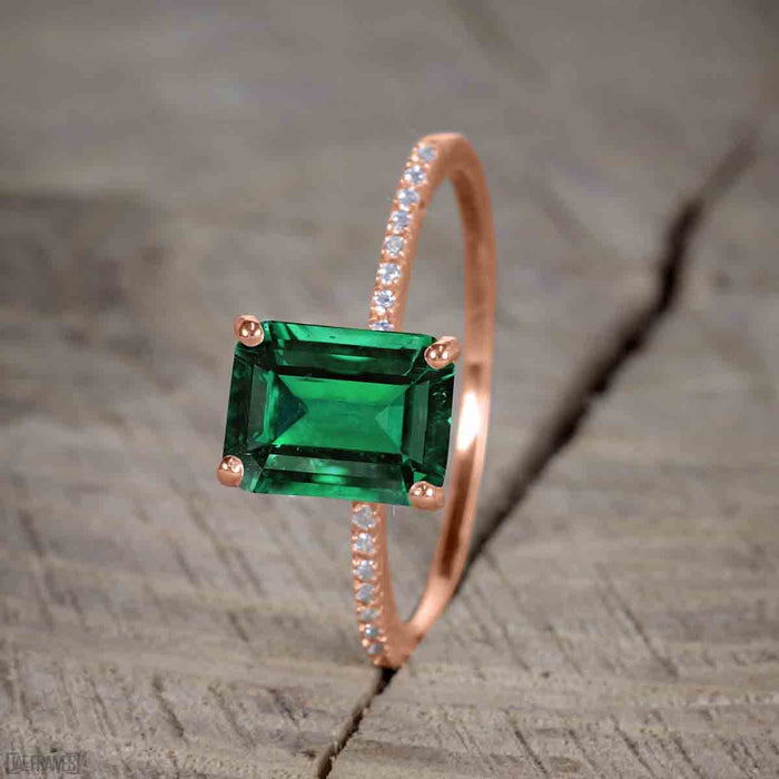Unique 1.25 Carat emerald cut Emerald and Diamond Bridal Set with semi eternity band in Rose Gold