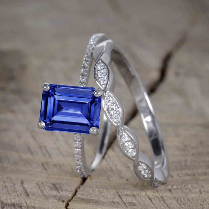 Unique 1.50 Carat Emerald Cut Sapphire and Diamond Trio Wedding Ring Set in White Gold for Her