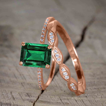 Antique Artdeco 1.25 emerald cut Emerald and Diamond Wedding Bridal Set in Rose Gold