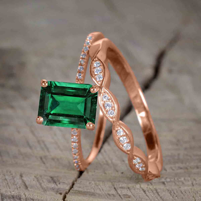 Antique Artdeco 1.25 emerald cut Emerald and Diamond Wedding Bridal Set in Rose Gold