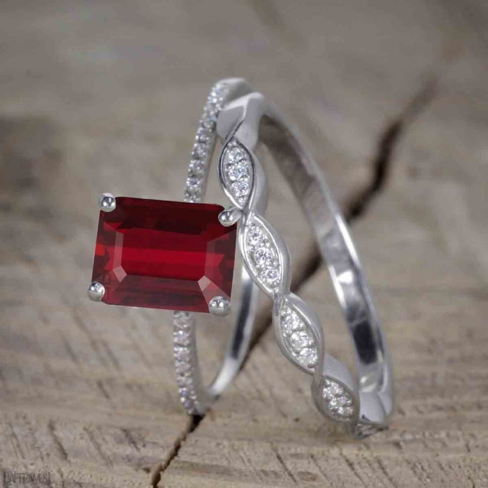 Unique 1.50 Carat Ruby cut Ruby and Diamond Trio Wedding Ring Set in White Gold for Her