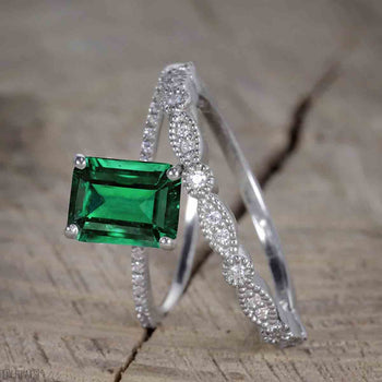 Unique 1.50 Carat emerald cut Emerald and Diamond Trio Wedding Ring Set in White Gold for Her