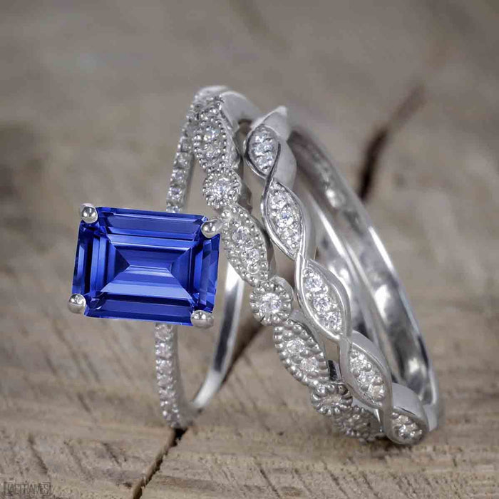 Unique 1.50 Carat Emerald Cut Sapphire and Diamond Trio Wedding Ring Set in White Gold for Her