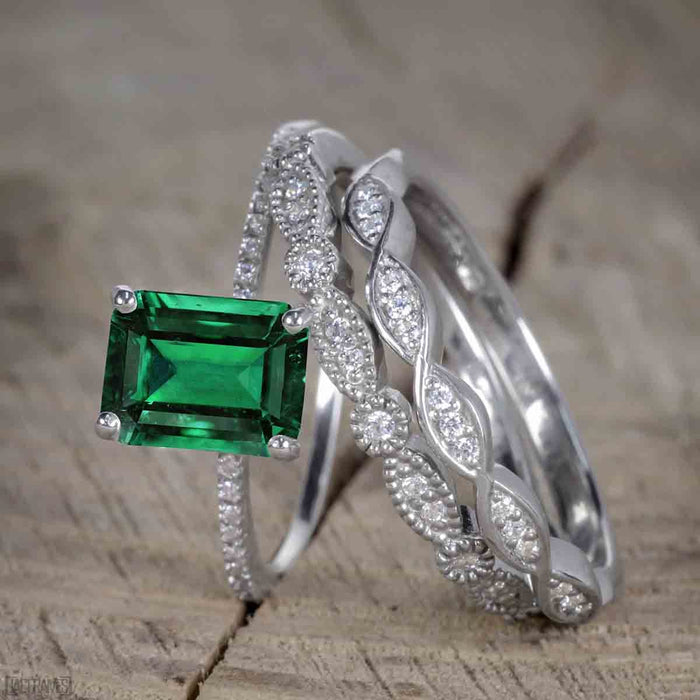 1.50 Carat emerald cut Emerald and Diamond Trio Wedding Ring Set for Women in White Gold