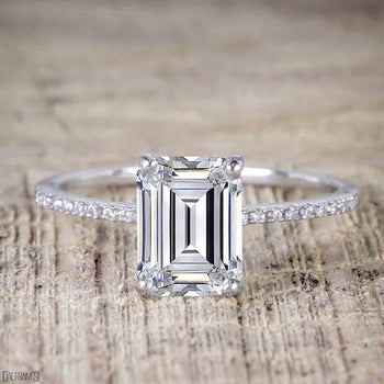 1.25 Carat Emerald Cut Moissanite and Diamond Solitaire Engagement Ring in White Gold