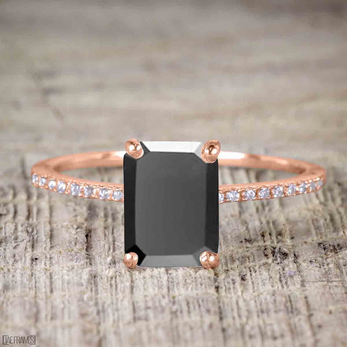 1.25 Carat Emerald Cut Black Diamond Solitaire Engagement Ring in Rose Gold