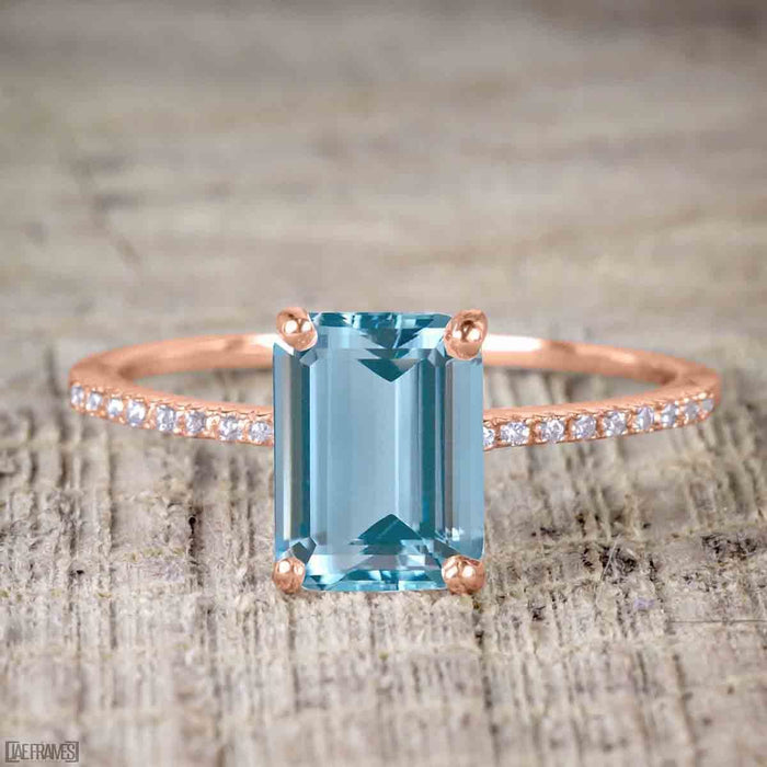 Perfect 1.25 Carat Emerald Cut Aquamarine and Diamond Bridal Ring Set in Rose Gold